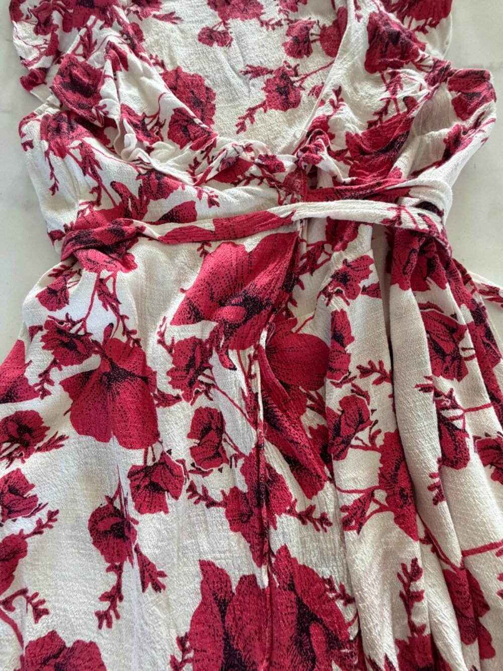 Free People Floral Wrap Mini Dress Medium White Pink Ruffle Boho - Picture 5 of 9